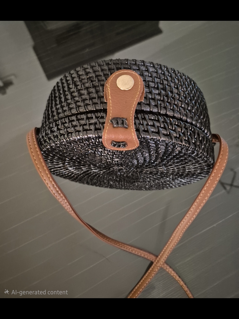 Round Woven Crossbody Bag. Black W/ Brown Leather Trim. NWOT! Never Used!